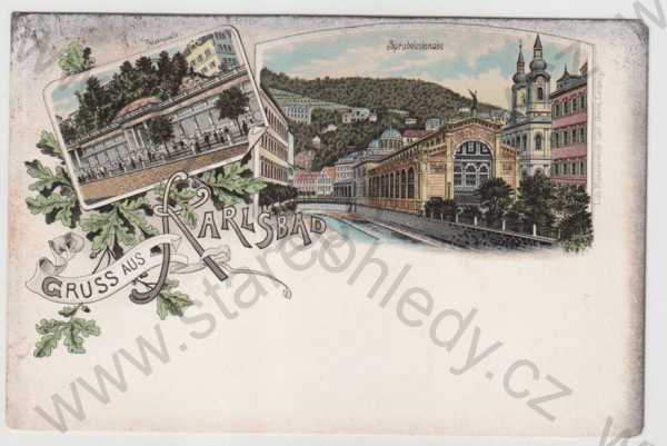 - Karlovy Vary (Karlsbad), více záběrů, pramen, kolonáda, litografie, kolorovaná, koláž, DA