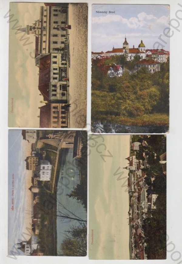  - 4x Havlíčkův Brod (Německý Brod, Deutschbrod), náměstí, park, partie, celkový pohled, částečný záběr města, kolorovaná