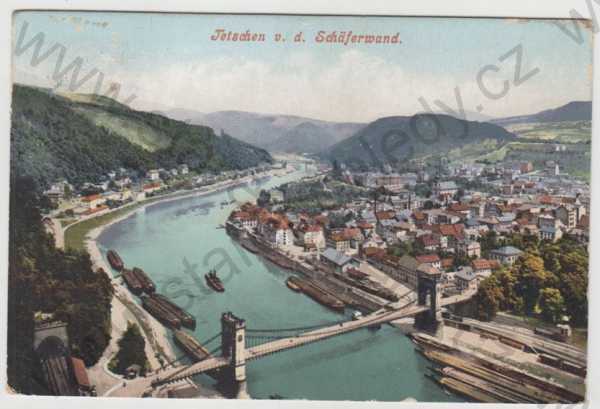  - Děčín (Tetschen), řeka, loď, most, částečný záběr města, kolorovaná