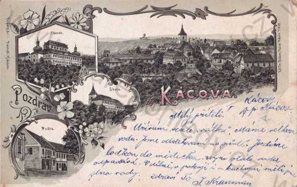  - Kácov nad Sázavou, Kutná Hora, koláž, celkový pohled, škola, zámek, pošta, DA