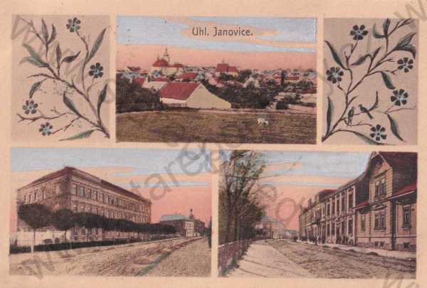  - Uhlířské Janovice, Kutná Hora, koláž, kolorovaná, celkový pohled, ulice