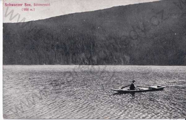  - Černé jezero, Schwarzer See, Klatovy, celkový pohled, partie, loď