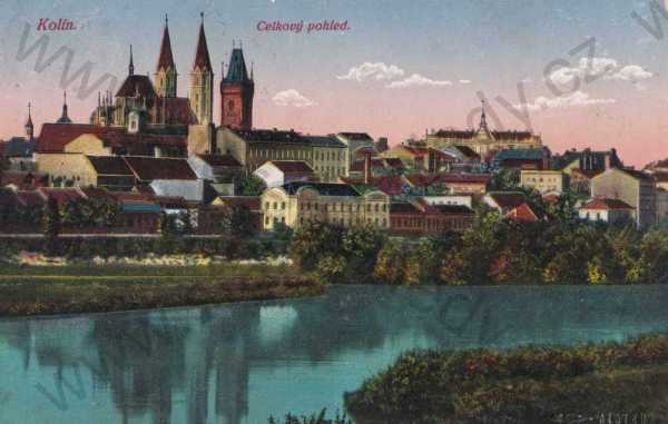  - Kolín, kolorovaná, řeka, kostel, celkový pohled