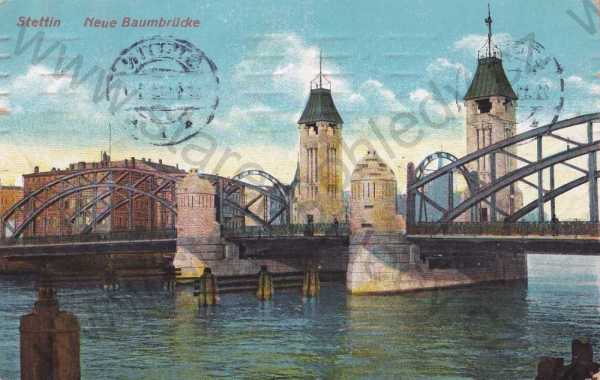  - Štětín, Polsko, kolorovaná, most, řeka