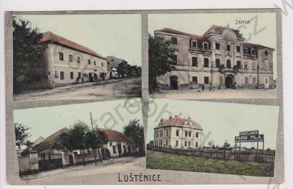  - Luštěnice (Mladá Boleslav) - zámek, parní pila, hostinec, obchod, koláž, kolorovaná
