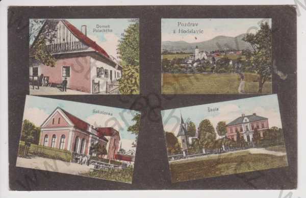  - Hodslavice (Nový Jičín) - Palacký domek, celkový pohled, sokolovna, škola, koláž, kolorovaná
