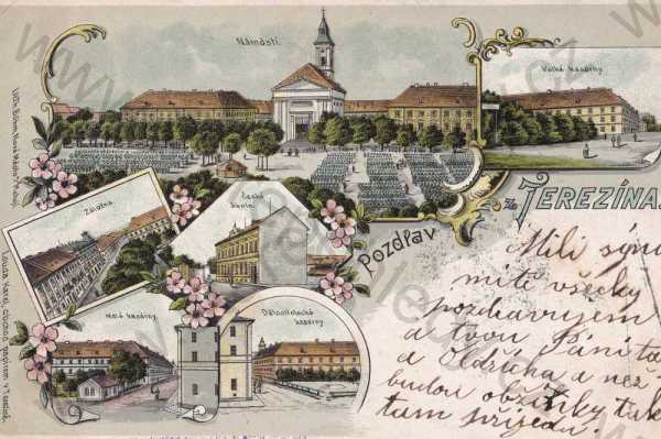  - Terezín, Litoměřice, Leitmeritz, kolorovaná, DA, celkový pohled, koláž, kostel, náměstí