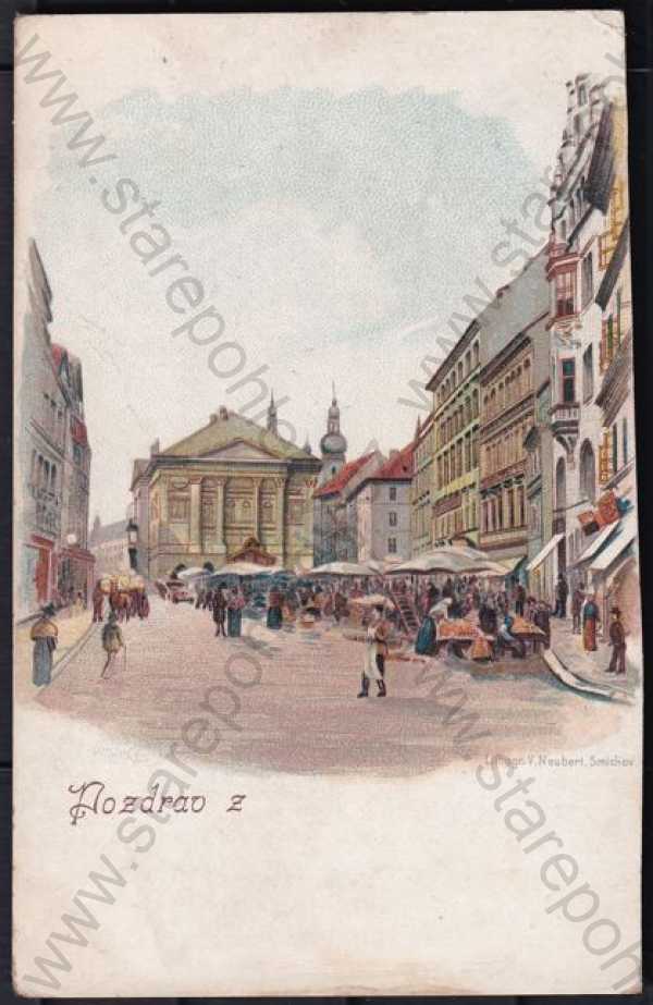 - Smíchov (Praha 5), barevná, DA, pohled ulicí, trh, kůň, kostel