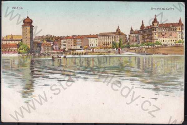  - Štítkovské mlýny (Praha 1), vodárenská věž, řeka, náplavka, loď, DA, barevná