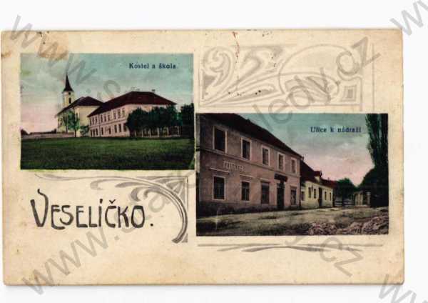  - Veselíčko, Písek, koláž, více záběrů, kostel, škola, ulice