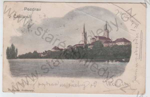  - Čáslav (Kutná hora), částečný záběr města, řeka, kolorovaná, DA