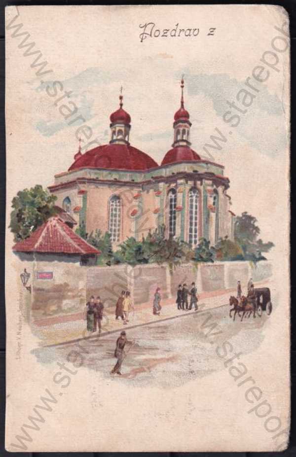  - Karlov, kostel Panny Marie a sv. Karla (Praha 2), barevná, celkový pohled, kůň, kočár, DA