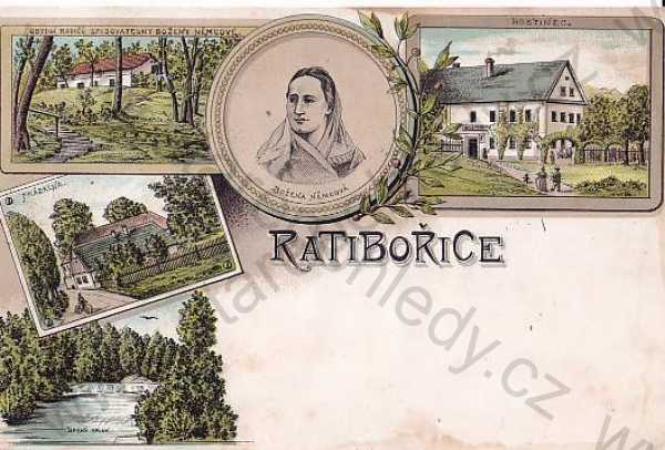  - Ratibořice (Náchod) , prádelna, hostinec, splav, Božena Němcová portrét barevná, DA