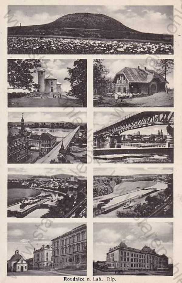  - Roudnice nad Labem (Litoměřice) různé záběr: celkový stav, Říp, most, řeka, náměstí