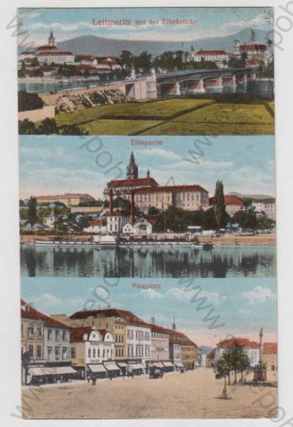  - Litoměřice (Leitmeritz), více záběrů, celkový pohled, most, Labe, partie, náměstí, kolorovaná
