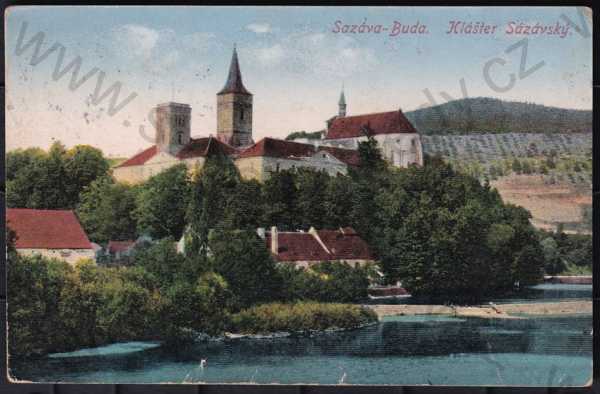  - Sázavský klášter (Benešov), celkový pohled, barevná, řeka