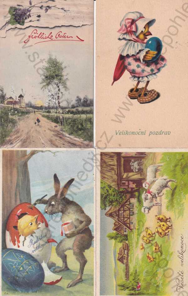  - Velikonoce, žánr, 4 ks, květiny, kuřata, zajíc, kresba, barevná