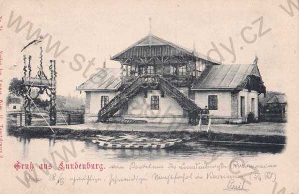  - Břeclav, Lundenburg, domek u řeky, lodě, DA