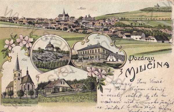  - Miličín, Benešov, celkový pohled, DA, koláž, barevná, škola, kostel