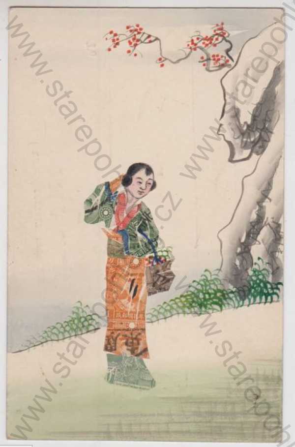  - Japonerie, žena, kimono, kolorovaná, DA