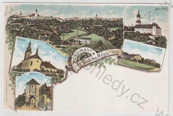  - Nové Město nad Metují (Náchod), více záběrů, celkový pohled, klášter, Brána, zámek, vila, kolorovaná, koláž, DA