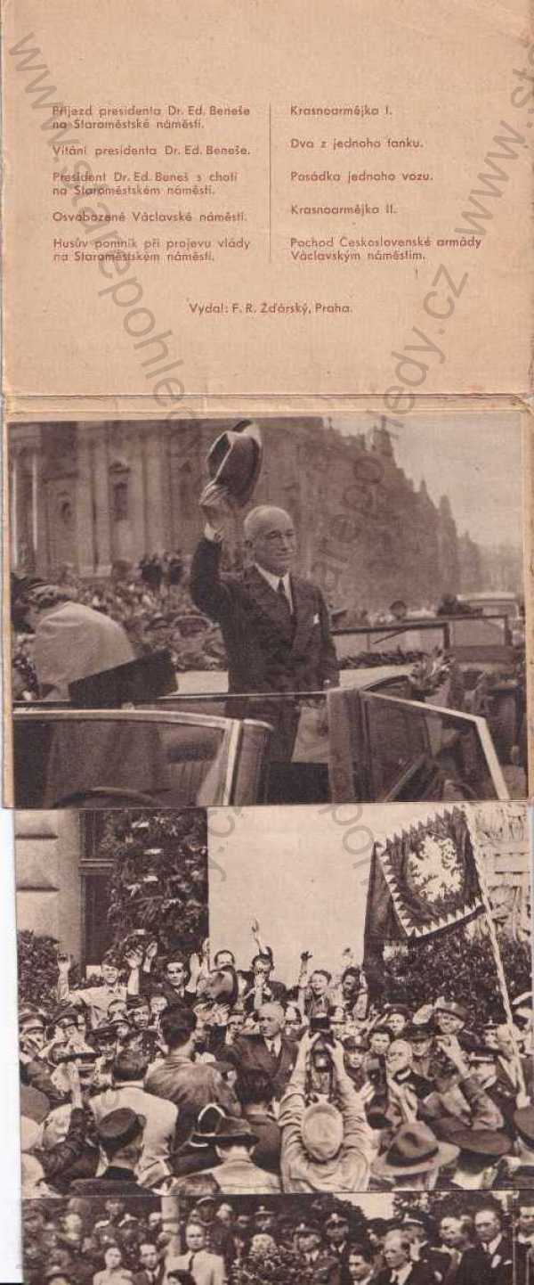  - Prezidenti, žánr, muž, leporelo, nejedná se o pohlednici, DR. Edvard Beneš, květen 1945, Staroměstské náměstí