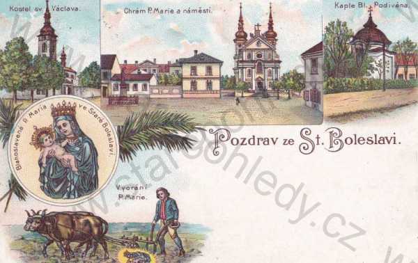  - Stará Boleslav, Praha východ, barevná, koláž, náměstí, kostel, kaple, vyorání Panny Marie