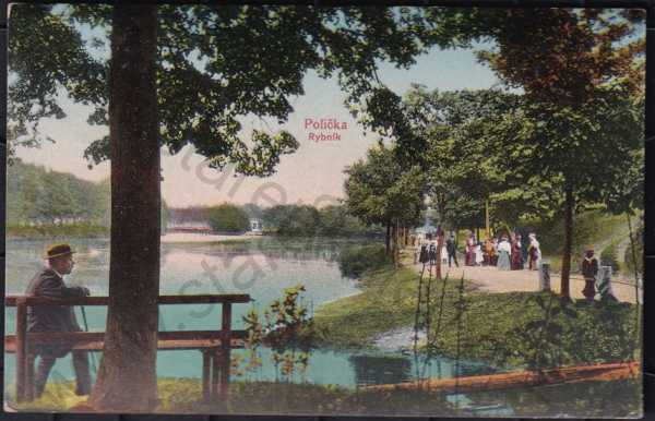  - Polička (Svitavy), rybník, celkový pohled, barevná, lavička, muž