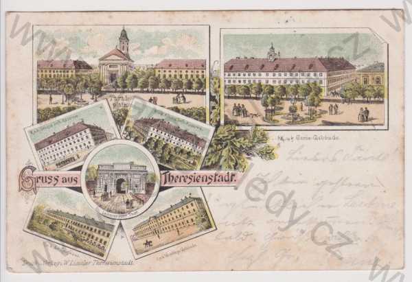  - Terezín - náměstí, kasárna, velitelství, litografie, DA, koláž, kolorovaná