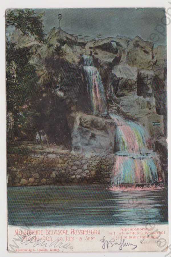  - Ústí nad Labem - výstava 1903, alpské panorama vodopád, kolorovaná, DA