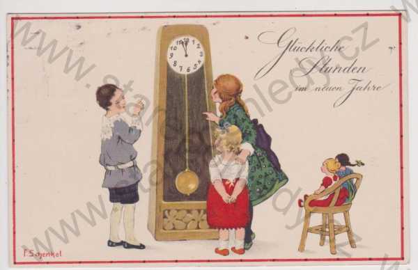  - Nový rok - hodiny, Schenkel, litografie, kolorovaná