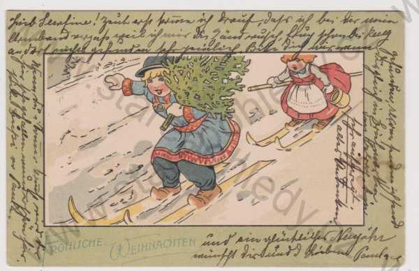  - Vánoce - dívky na lyžích se stromkem, litografie, kolorovaná, DA