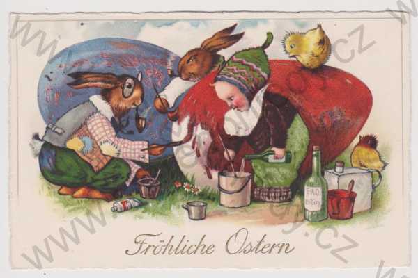  - Velikonoce - zajíci, dítě, kuřátko, litografie, kolorovaná