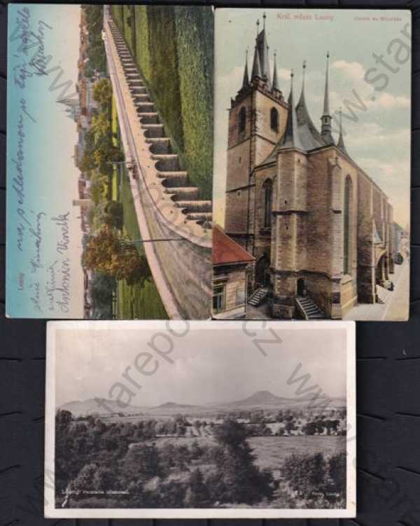  - 3x Louny, panorama středohoří, barevná, most, kůň, chrám sv. Mikuláše, Foto-fon
