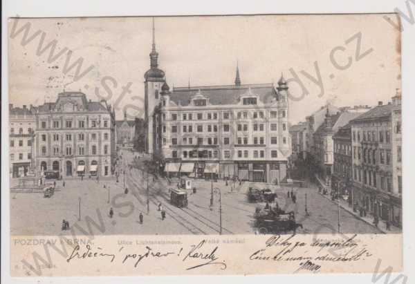  - Brno - Velké náměstí, ulice Lichtensteinova, Běhounská ulice, TRAMVAJ, kůň, DA