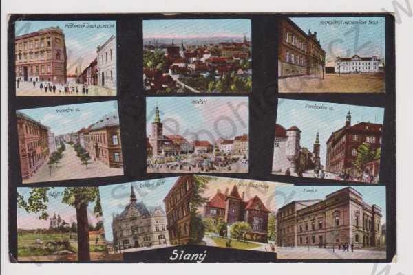  - Slaný - škola, celkový pohled, Nádražní ulice, náměstí, Vinařického ulice, klášter, okresní dům, divadlo vila Bolzanova, koláž, kolorovaná