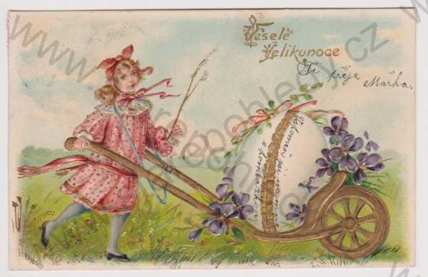  - Velikonoce - dívka s vejcem na trakaři, zlacená, plastická, kolorovaná, litografie, DA