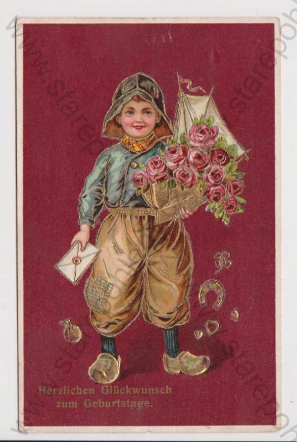  - Narozeniny - dítě s květinami a poštou, zlacená, litografie, kolorovaná