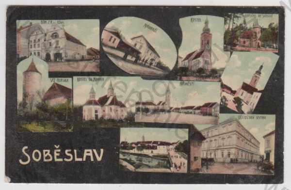  - Soběslav (Tábor), více záběrů, nádraží, dům, kostel, kaplička, Věž Hláska, učitelský ústav, částečný záběr města, koláž, kolorovaná