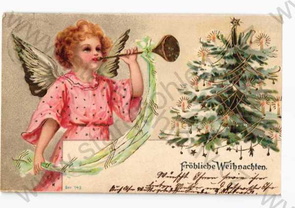  - Vánoce, anděl, strom, plastická karta, zlacená, DA