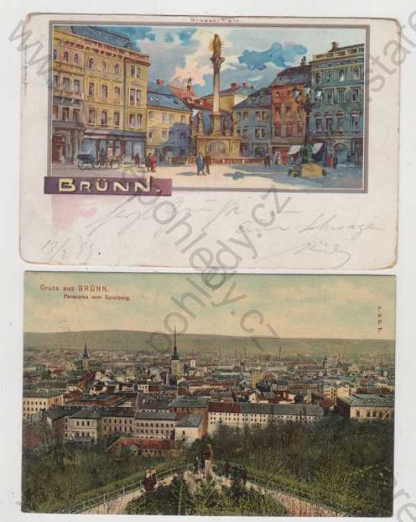  - 2x Brno (Brünn), náměstí, sloup, celkový pohled, kolorovaná, DA