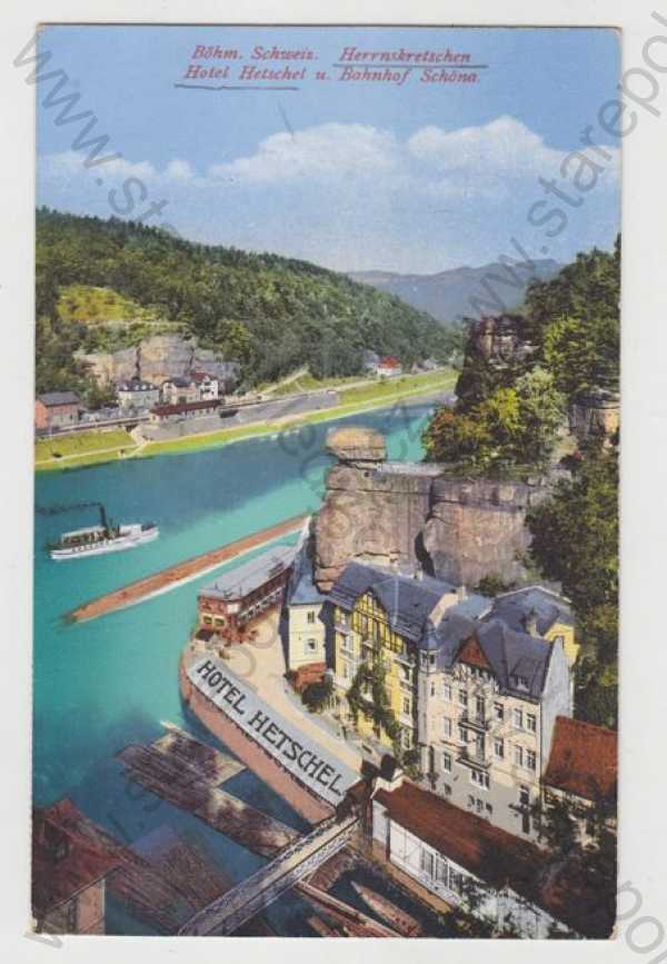  - Hřensko (Herrnskretschen) - Děčín, řeka, parník, hotel, částečný záběr města, kolorovaná