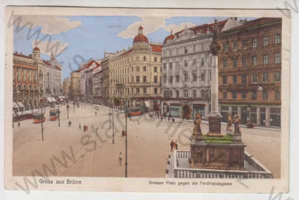  - Brno (Brünn), náměstí, pohled ulicí, tramvaj, kolorovaná