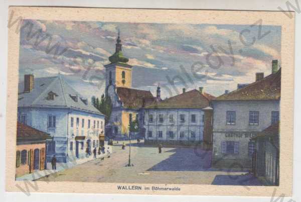 - Volary (Wallern) - Prachatice, náměstí, kostel, kolorovaná, foto J.Seidel