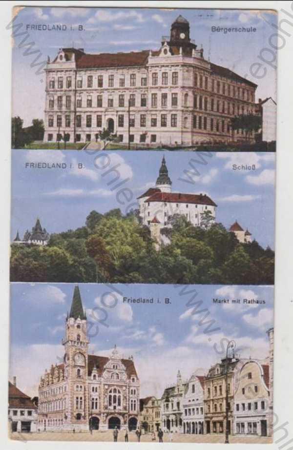  - Frýdlant (Friedlant) - Liberec, více záběrů, škola, zámek, náměstí, radnice, kolorovaná