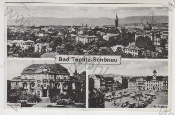  - Teplice (Teplitz), více záběrů, celkový pohled, lázně, náměstí, autobus, automobil