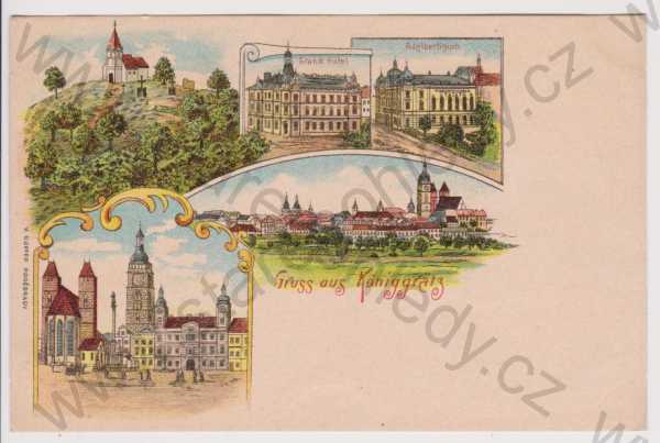  - Hradec Králové - kostel, Grand Hotel, Adalbertinum, celkový pohled, náměstí, litografie, DA, koláž, kolorovaná