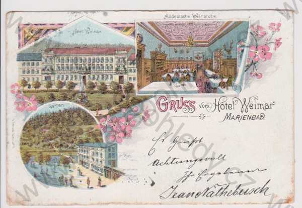  - Mariánské Lázně - Hotel Weimar - exteriér, interiér, litografie, DA, koláž, kolorovaná