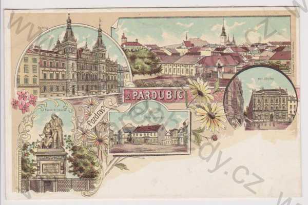  - Pardubice - celkový pohled, radnice, občanská záložna, Bílé předměstí, pomník Veverků, litografie, DA, koláž, kolorovaná