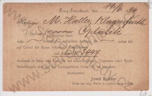  - Praha - Smíchov Vorläufer 1894 - továrna Kutzer, korespondence, DA, 